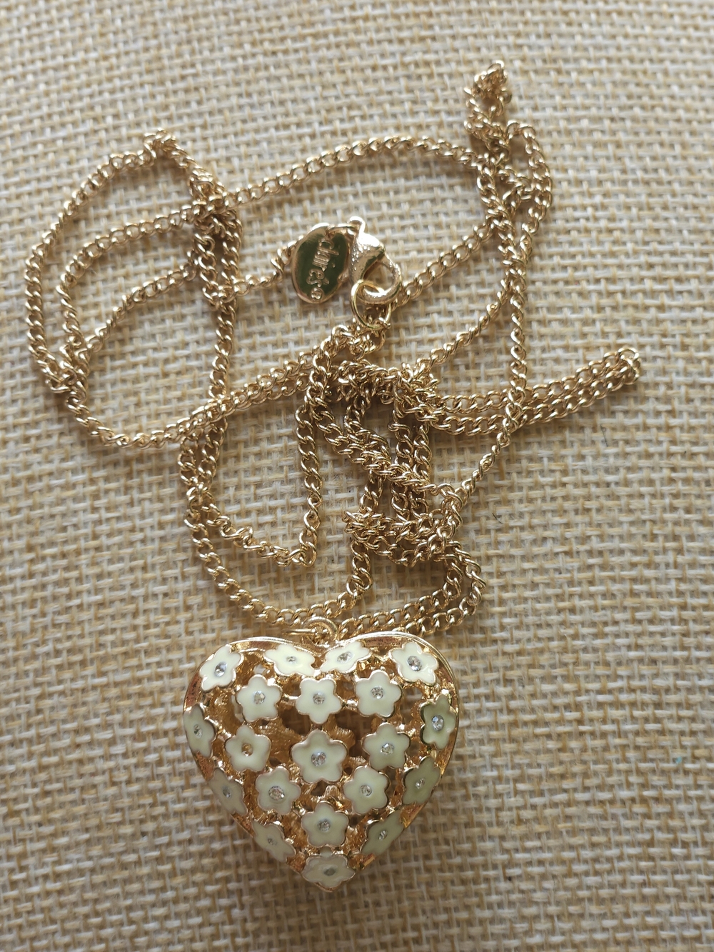 Gold Heart Pendant Necklace with White Floral Enamel